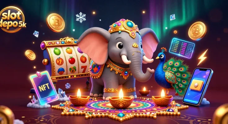 Experience the excitement of slot depo 5k with this vibrant 3D illustration showcasing colorful slots and crypto elements.