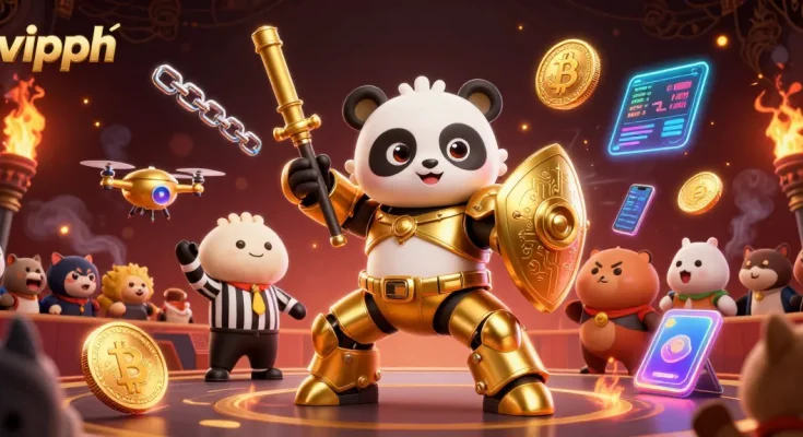 Engage with vipph as golden panda pilots a robot in this vibrant casino-themed arena.