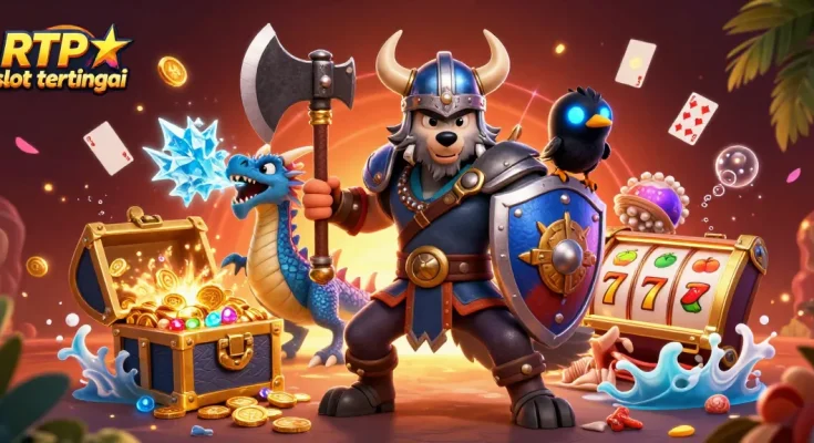 Spin to win with RTP slot tertinggi: Viking warrior and dragon uncovering treasures in an exciting casino adventure.