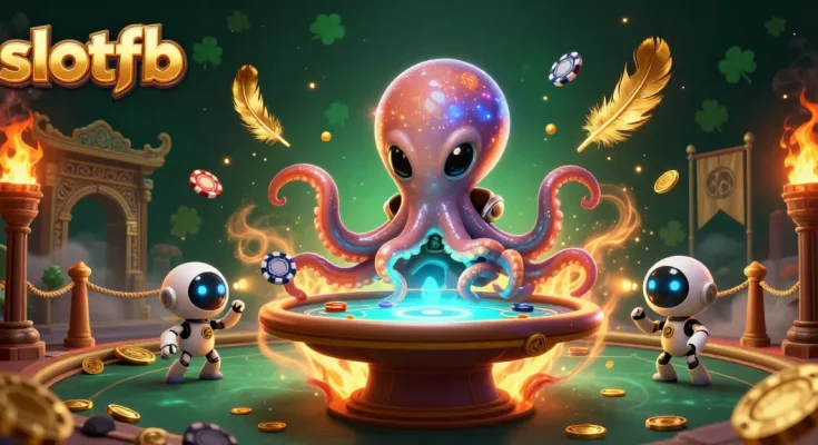 Menggunakan slotfb, alien gurita berinteraksi di meja poker holografik dengan latar belakang berkilau.