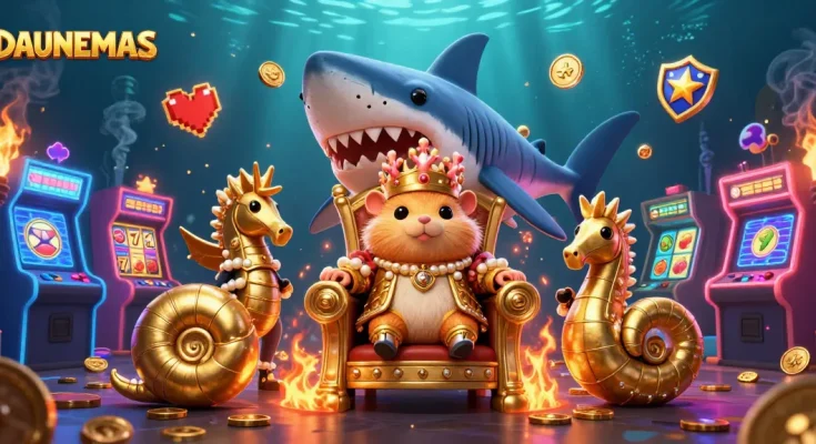 DAUNEMAS showcases a golden hamster king on a megalodon throne amidst colorful slot reels and glowing arcade machines.