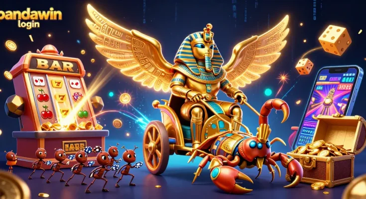Experience the thrill of pandawin login with a vibrant casino-themed illustration featuring epic characters and jackpots.