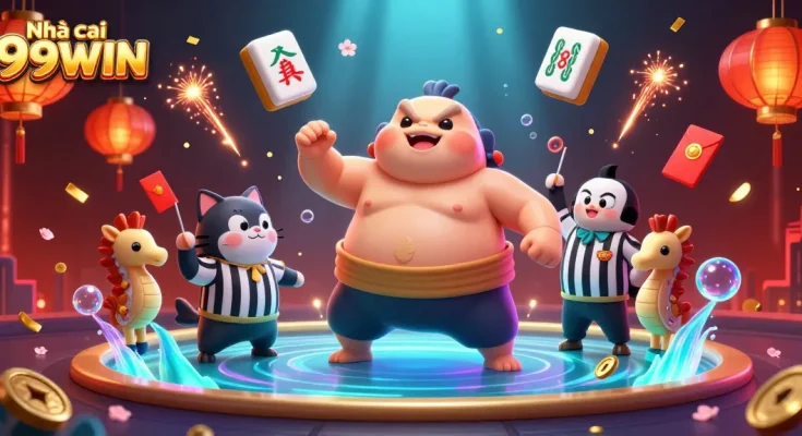 Engage with Nhà cái 99WIN's vibrant casino world, featuring dynamic characters and festive elements.