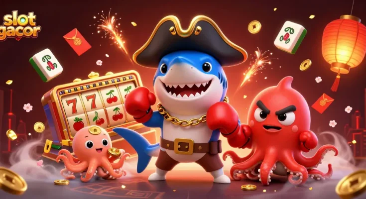 Spin slot gacor with a vibrant pirate theme featuring characters and dynamic casino elements.