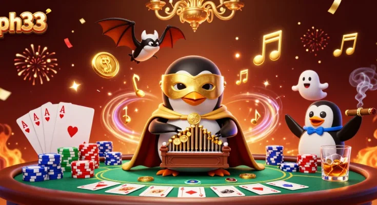Play exciting games at ph33 with a lively penguin organist, golden coins, and poker elements.
