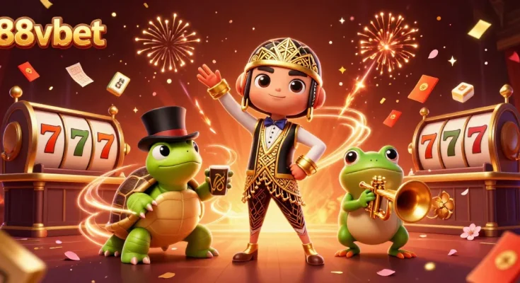 Experience gaming excitement at 88vbet with vibrant characters and festive casino elements.
