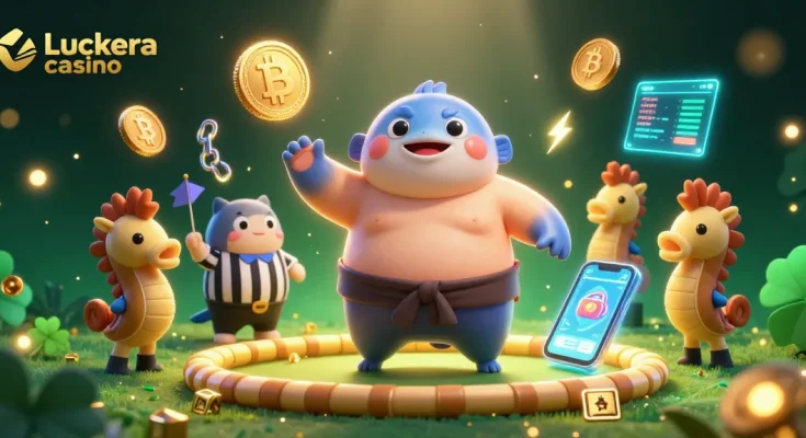 Experience Luckera casino with an exciting underwater 3D scene featuring a fugu and crypto elements.