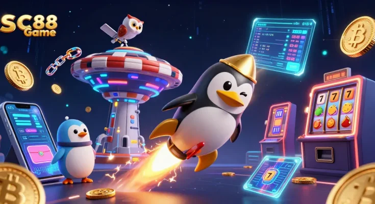 Engage with SC88 Game, featuring a dynamic scene of a golden penguin among slot reels and crypto coins.