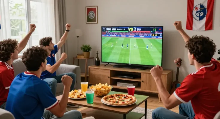 Experience a thrilling sports viewing party as friends enjoy زيارة موقع كورة together, cheering for their favorite teams during a live match.