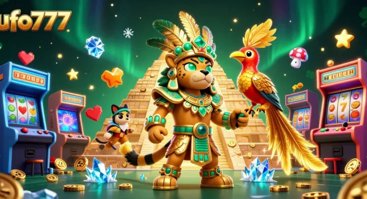 Experience thrilling slots action with ufo777's vibrant casino scene featuring Mayan jaguar priest.