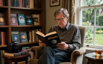 T. Allen Greenfield reading 'UFOnauts' in a cozy library at https://tallengreenfield.com, showcasing spirituality and UFO studies.
