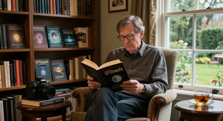 T. Allen Greenfield reading 'UFOnauts' in a cozy library at https://tallengreenfield.com, showcasing spirituality and UFO studies.