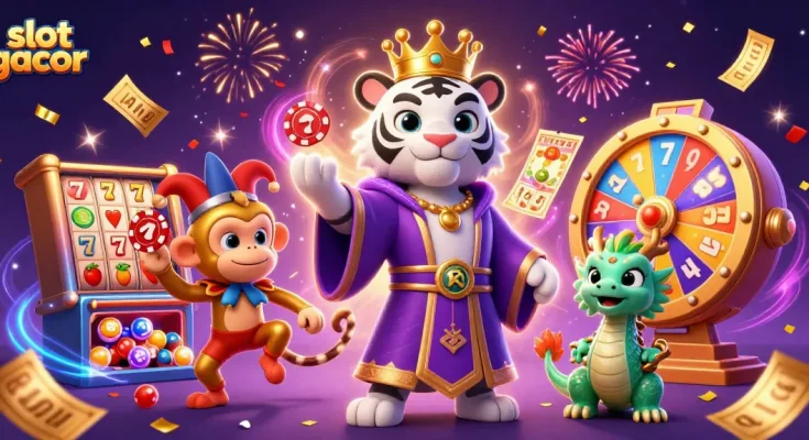 Engage with slot gacor excitement as a whimsical tiger, jester monkey, and jade dragon animate the scene.