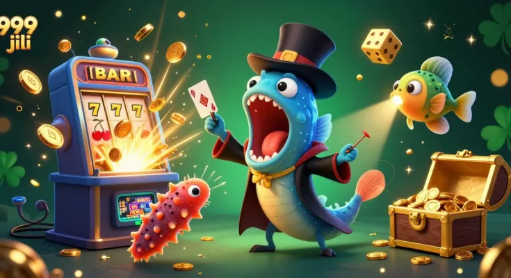 Experience the thrill of 999 jili with a vibrant 3D casino illustration featuring jackpot explosions and colorful game elements.
