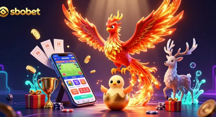 Experience sbobet betting excitement with a dynamic scene featuring phoenixes, gold coins, and sports betting elements.